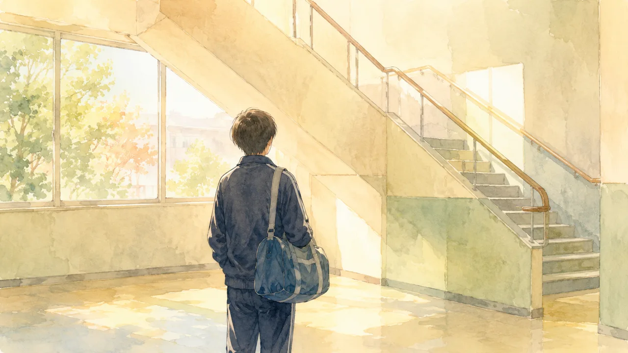 学校の階段の前に立つ中学生の後ろ姿の水彩イラスト