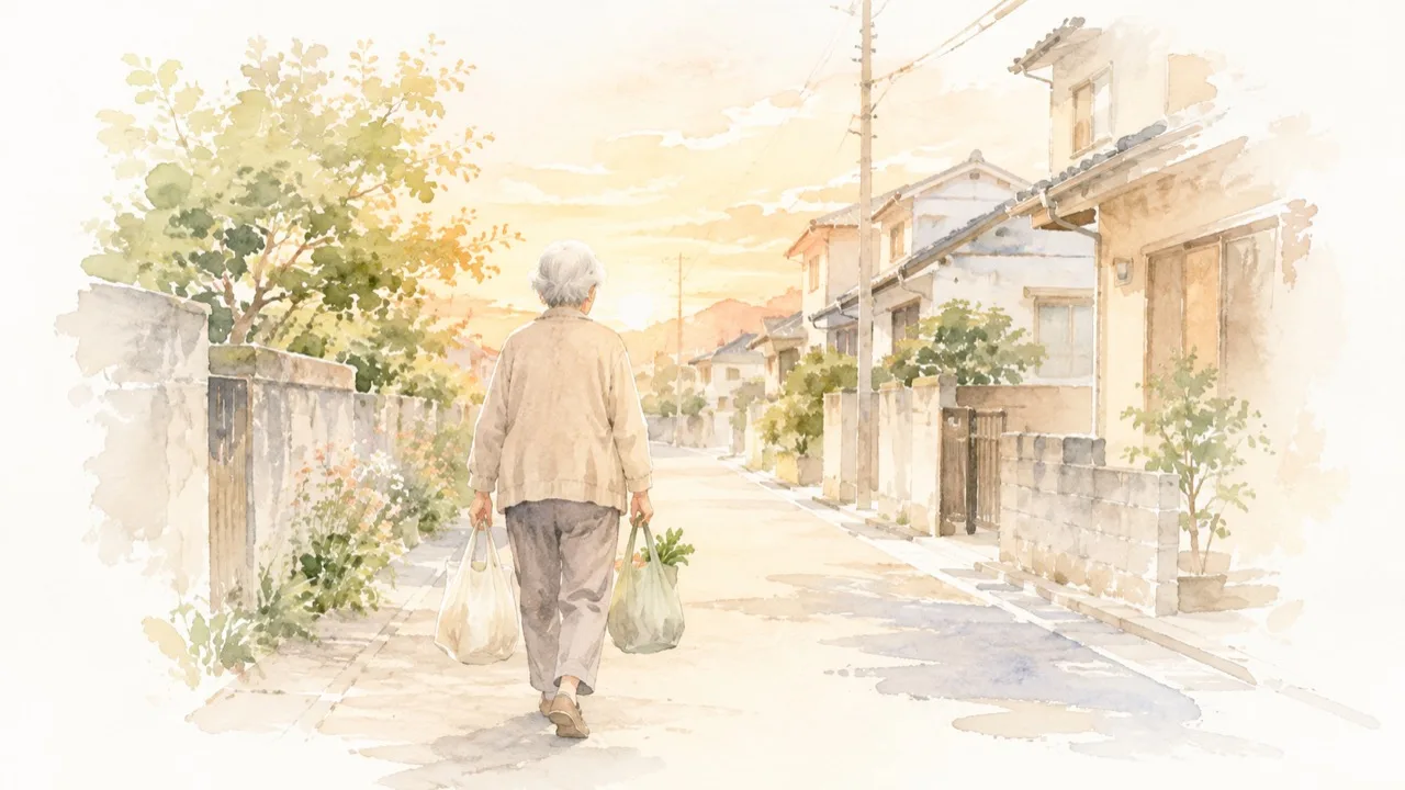 夕方の街の道を買い物袋を提げてゆっくり歩いていく方の後ろ姿の水彩イラスト