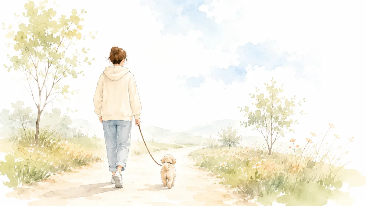 朝の散歩道を犬と歩いていく人の後ろ姿の水彩イラスト