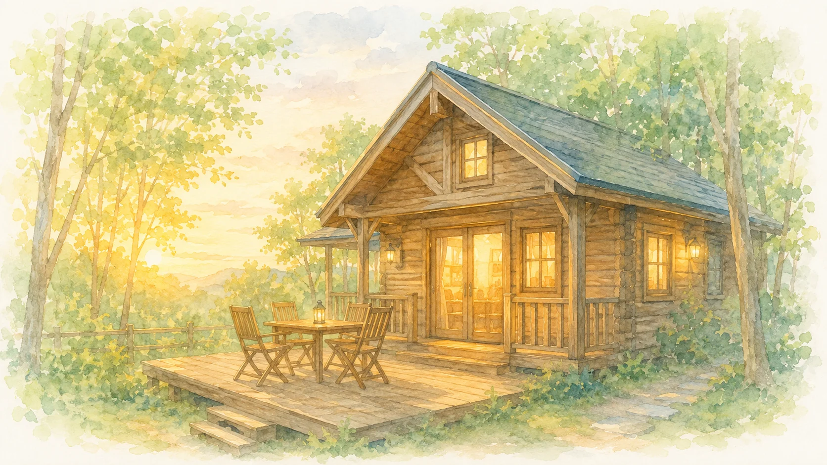 木立の中のバンガローと夕方のあかりの水彩イラスト