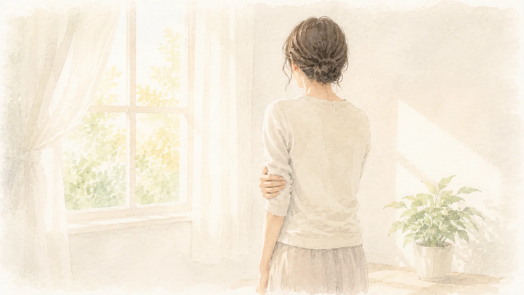 窓辺で肘を気づかう女性の後ろ姿の水彩イラスト