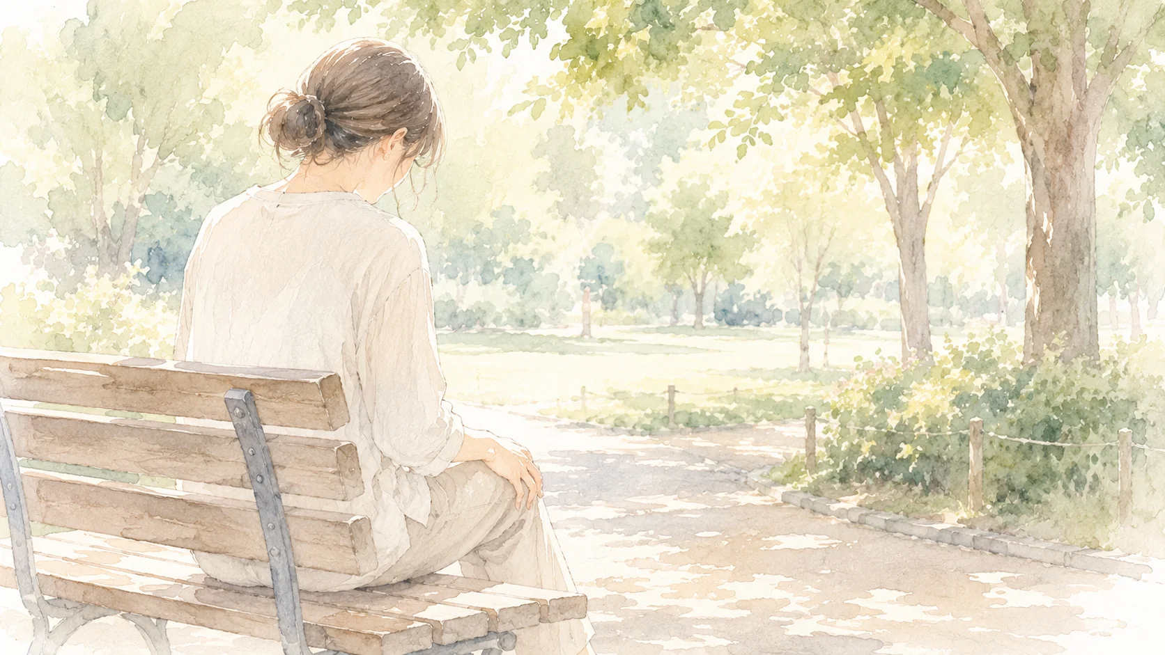 公園のベンチで片手を膝に添えてうつむく人の後ろ姿の水彩イラスト