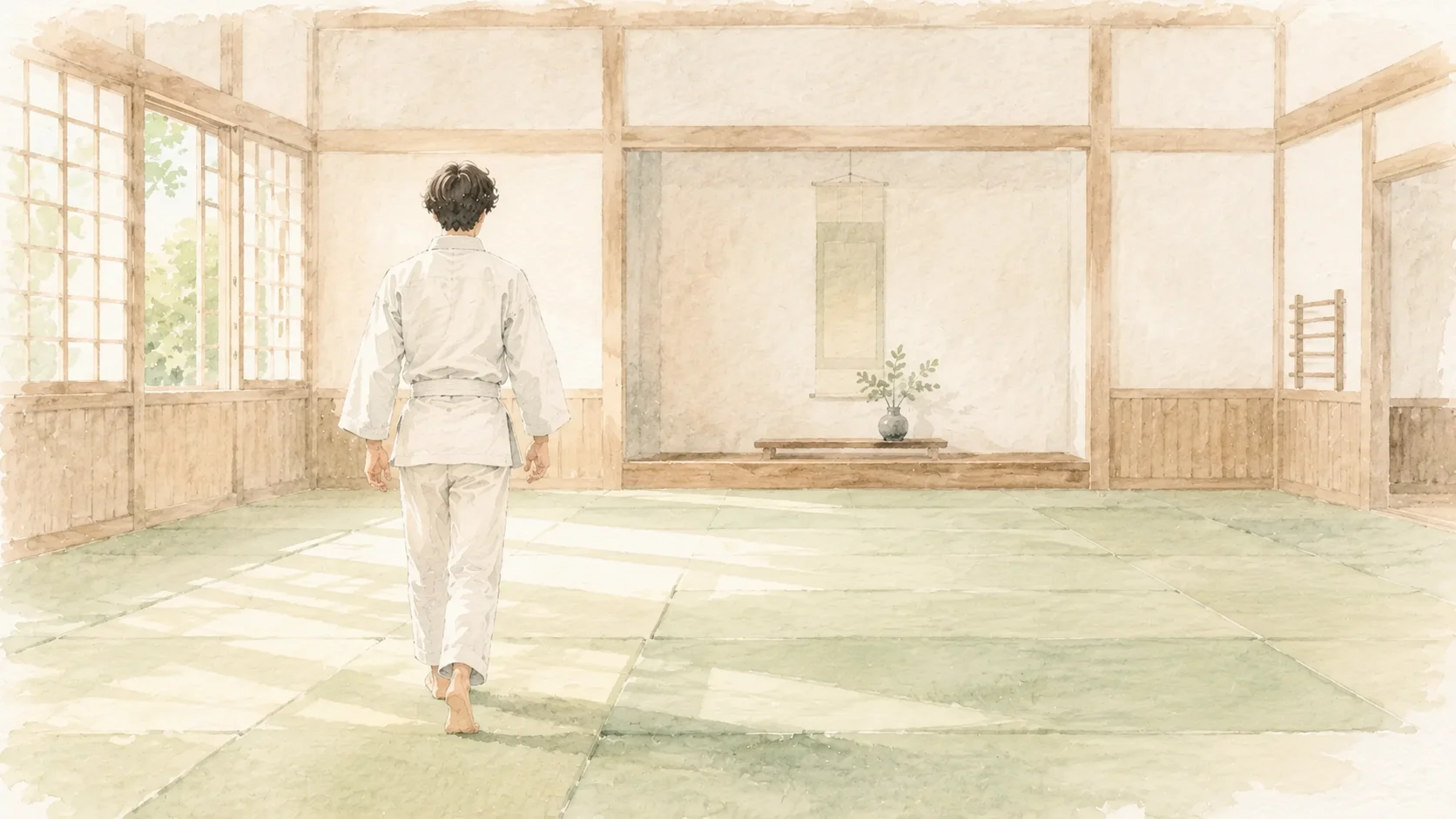 光の差し込む道場で畳の上を歩く柔道着の学生の水彩イラスト