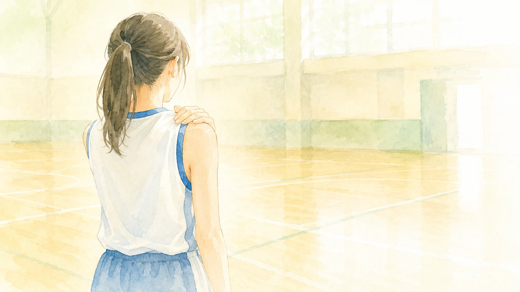 体育館で右肩に手を添える中学生の後ろ姿の水彩イラスト