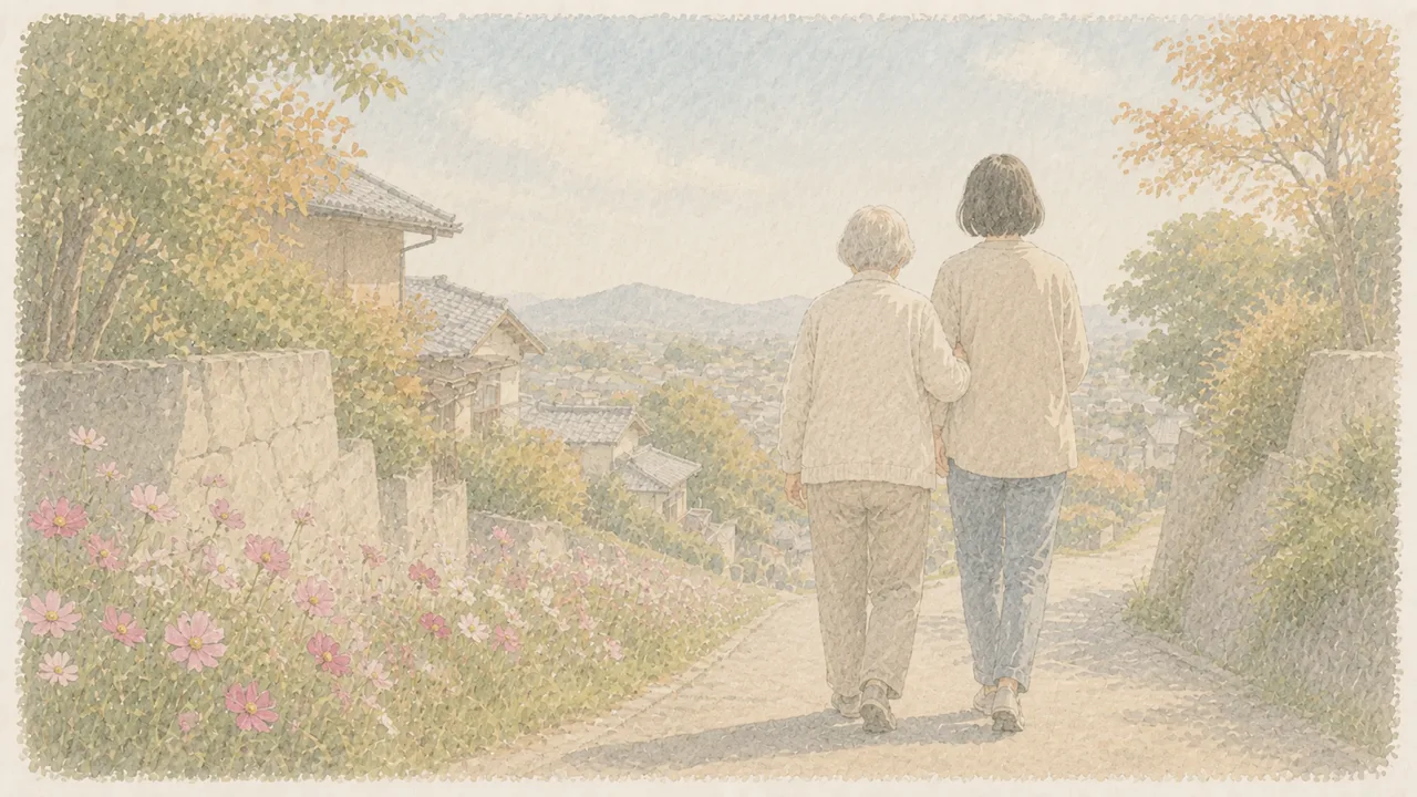 秋の日ざしの中、住宅街のゆるやかな坂道を、年配の方と付き添う家族がゆっくり並んで歩いている後ろ姿の水彩イラスト