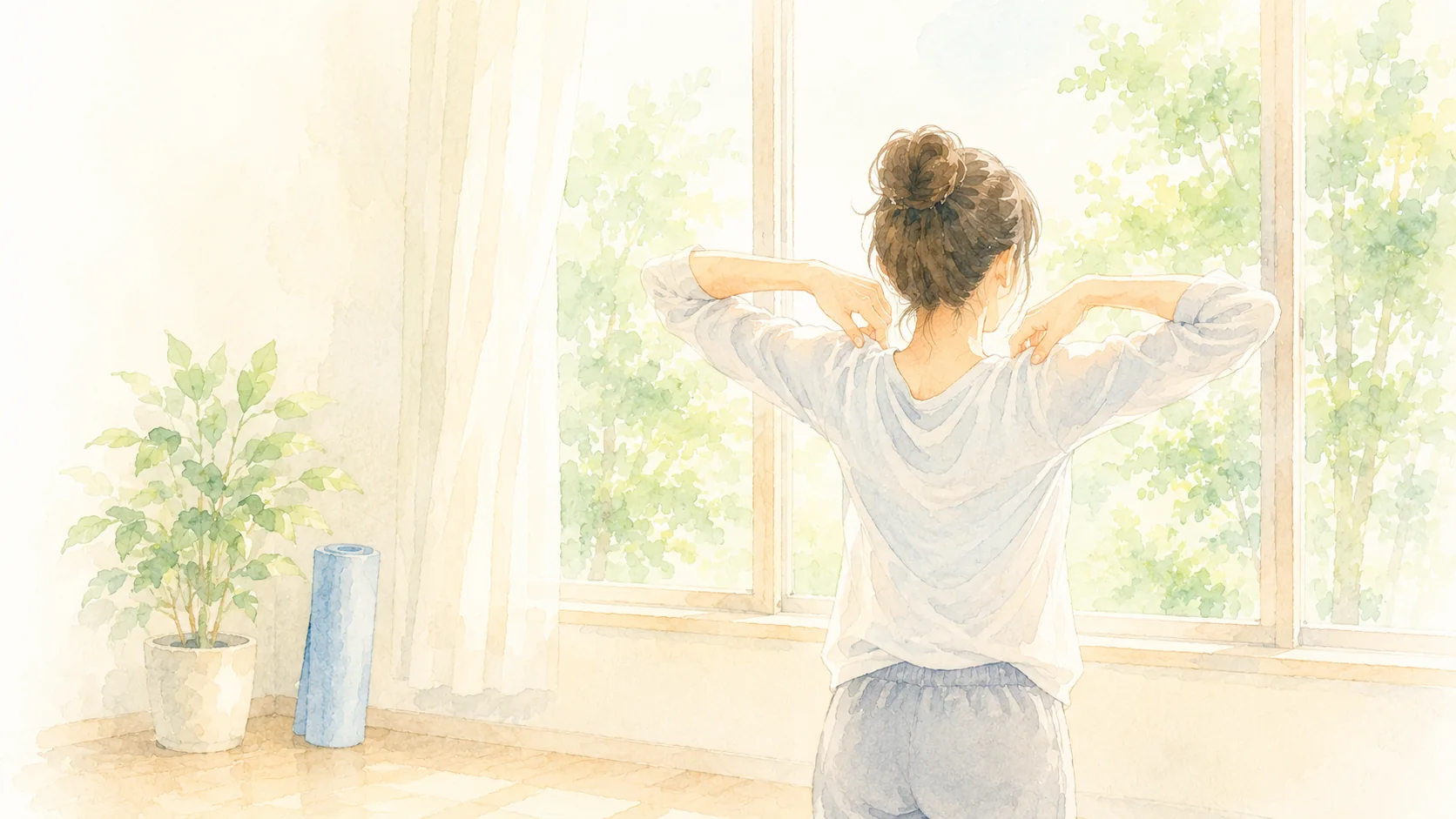 朝の窓辺で肩をゆっくり回す女性の後ろ姿の水彩イラスト