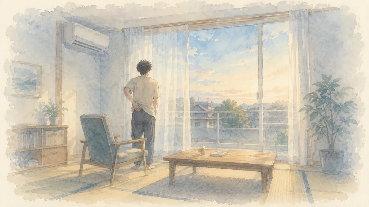 夏の終わりの夕方、窓辺の椅子から立ち上がって腰に手をあてている人の後ろ姿の水彩イラスト