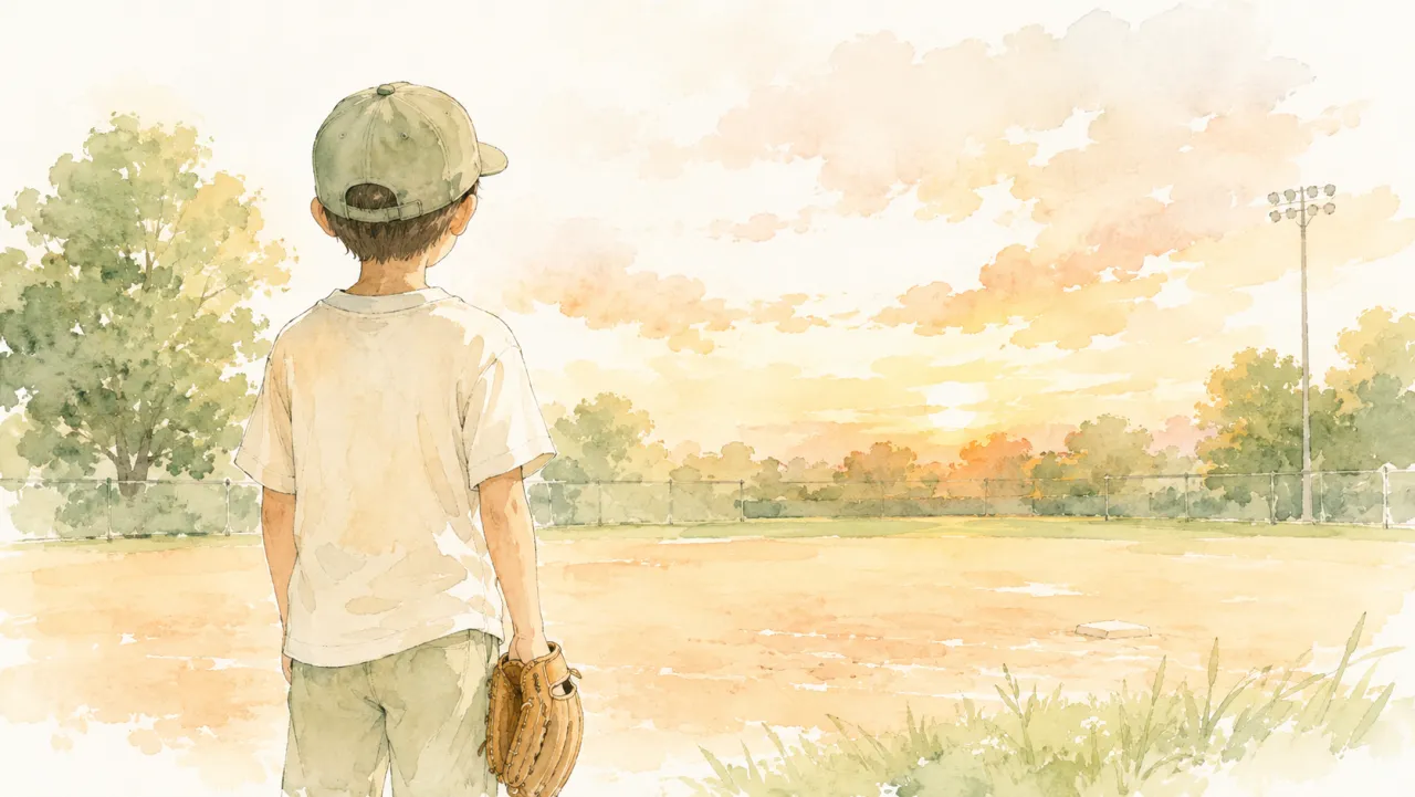 夕方のグラウンドで野球帽をかぶりグローブを手に立つ男の子の後ろ姿の水彩イラスト