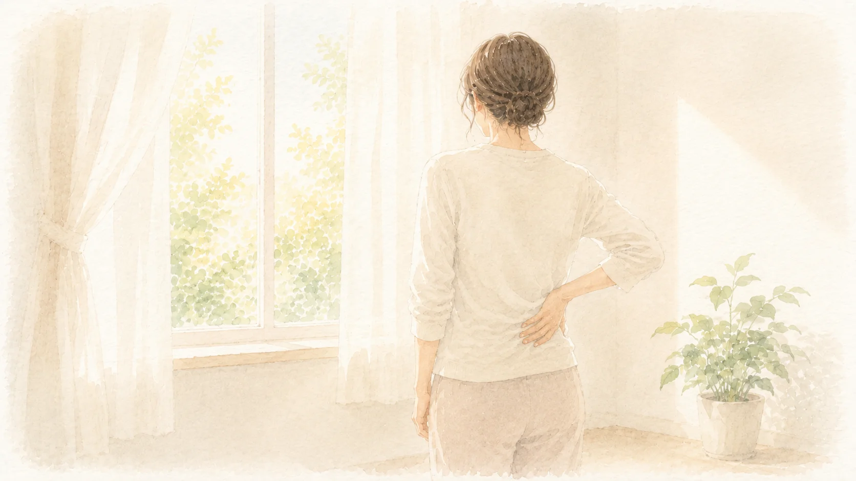 窓辺で腰に手を当てて立つ人の後ろ姿の水彩イラスト