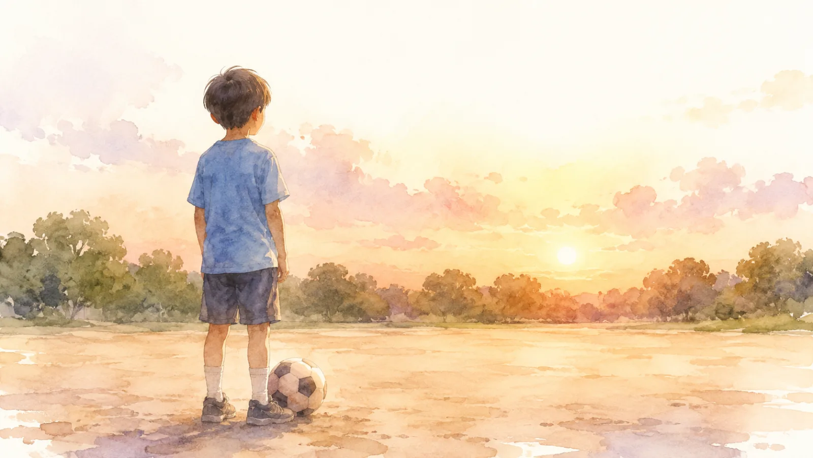 夕方のグラウンドでサッカーボールを足元に置いて立つ子どもの後ろ姿の水彩イラスト