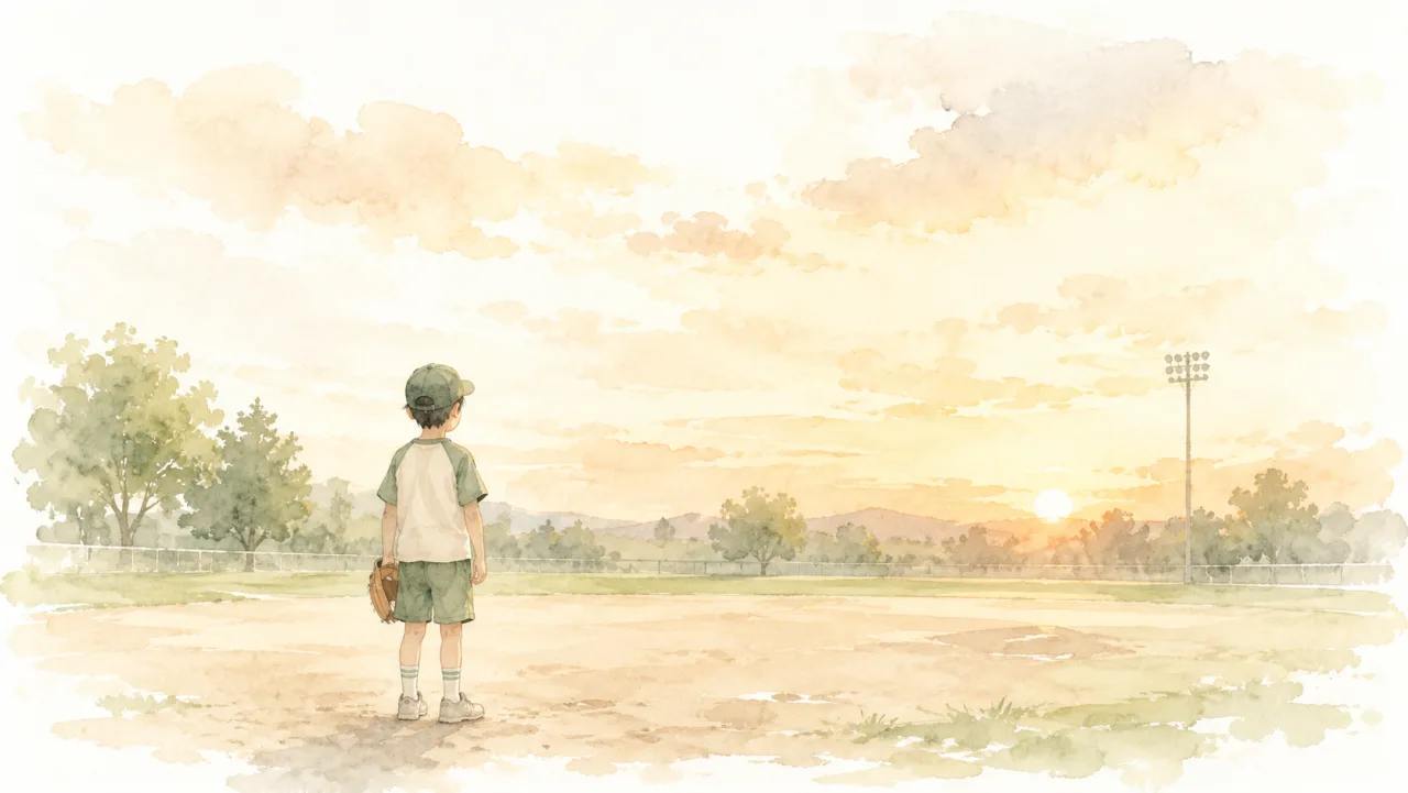 夕方のグラウンドでソフトボールのグローブを持って立つ子どもの後ろ姿の水彩イラスト