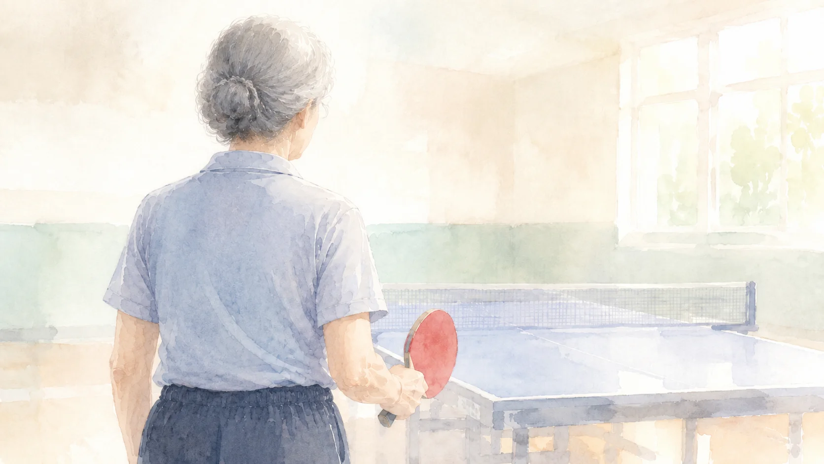 体育館の卓球台の前でラケットを構える女性の後ろ姿の水彩イラスト