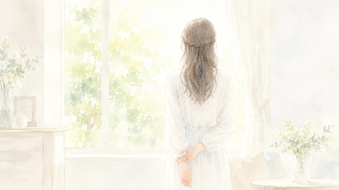窓辺で右の手首をそっと押さえて立つ方の後ろ姿の水彩イラスト