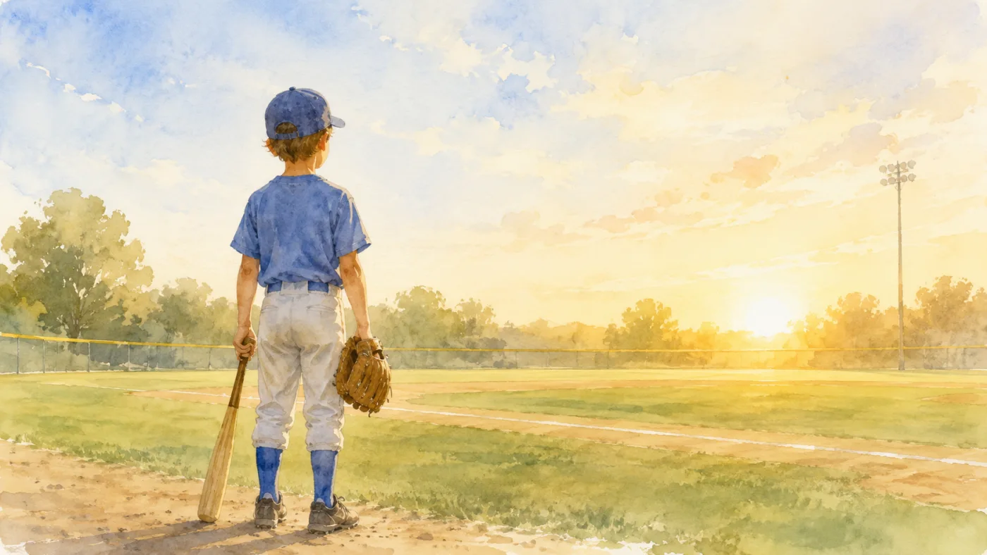 夕方のグラウンドで野球道具を手に立つ少年の後ろ姿の水彩イラスト