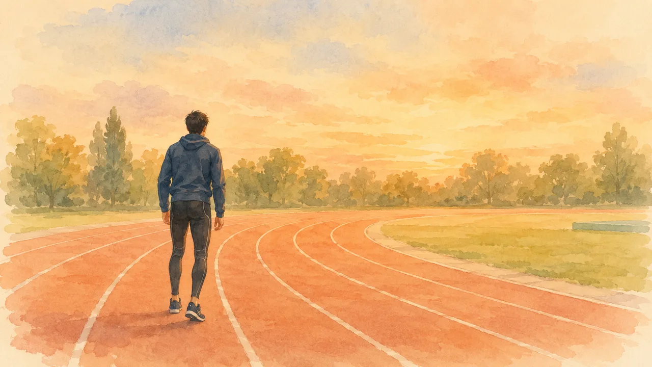 夕暮れの陸上トラックを、ランニングウェア姿でクールダウンするようにゆっくり歩いている人の後ろ姿の水彩イラスト。背景に秋色の木立と夕焼け空