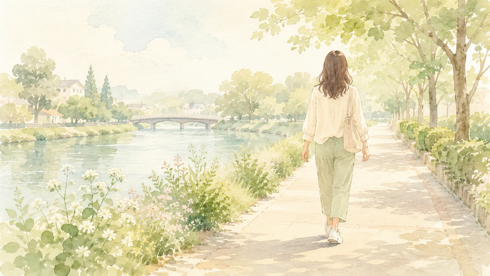 杖を使わずに川沿いを散歩する女性の後ろ姿の水彩イラスト