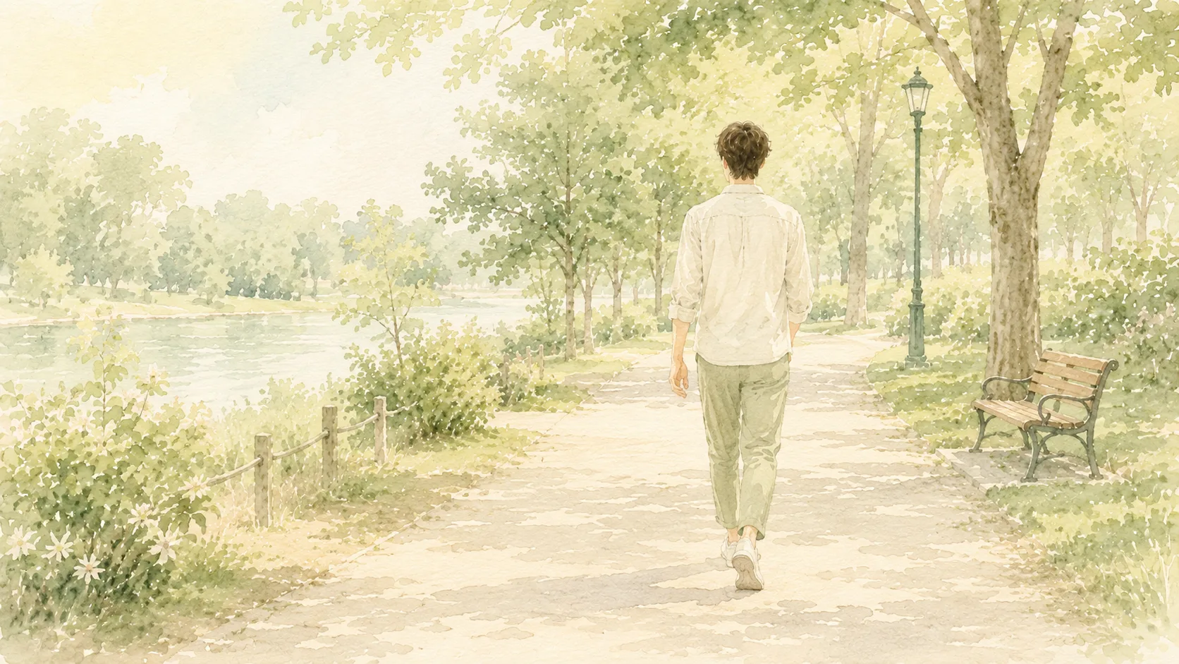 朝の公園を背筋を伸ばして散歩する男性の後ろ姿の水彩イラスト