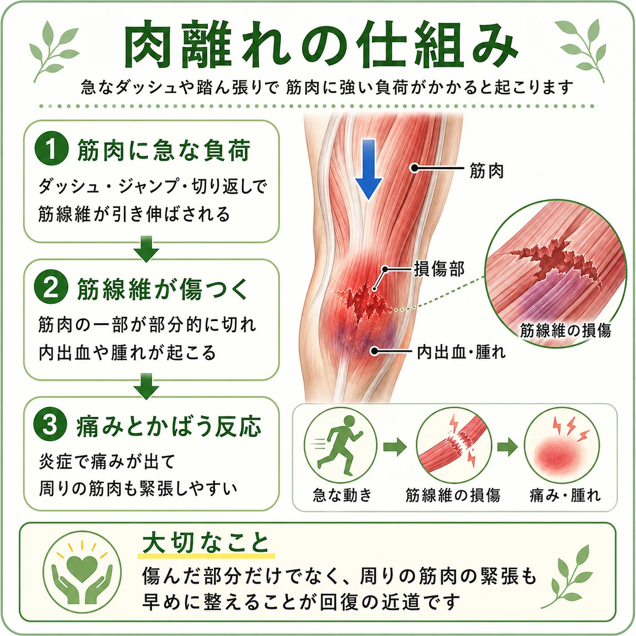 肉離れの仕組み。急なダッシュや踏ん張りで筋肉に強い負荷がかかり、筋線維が傷つき、痛みや腫れにつながる説明図